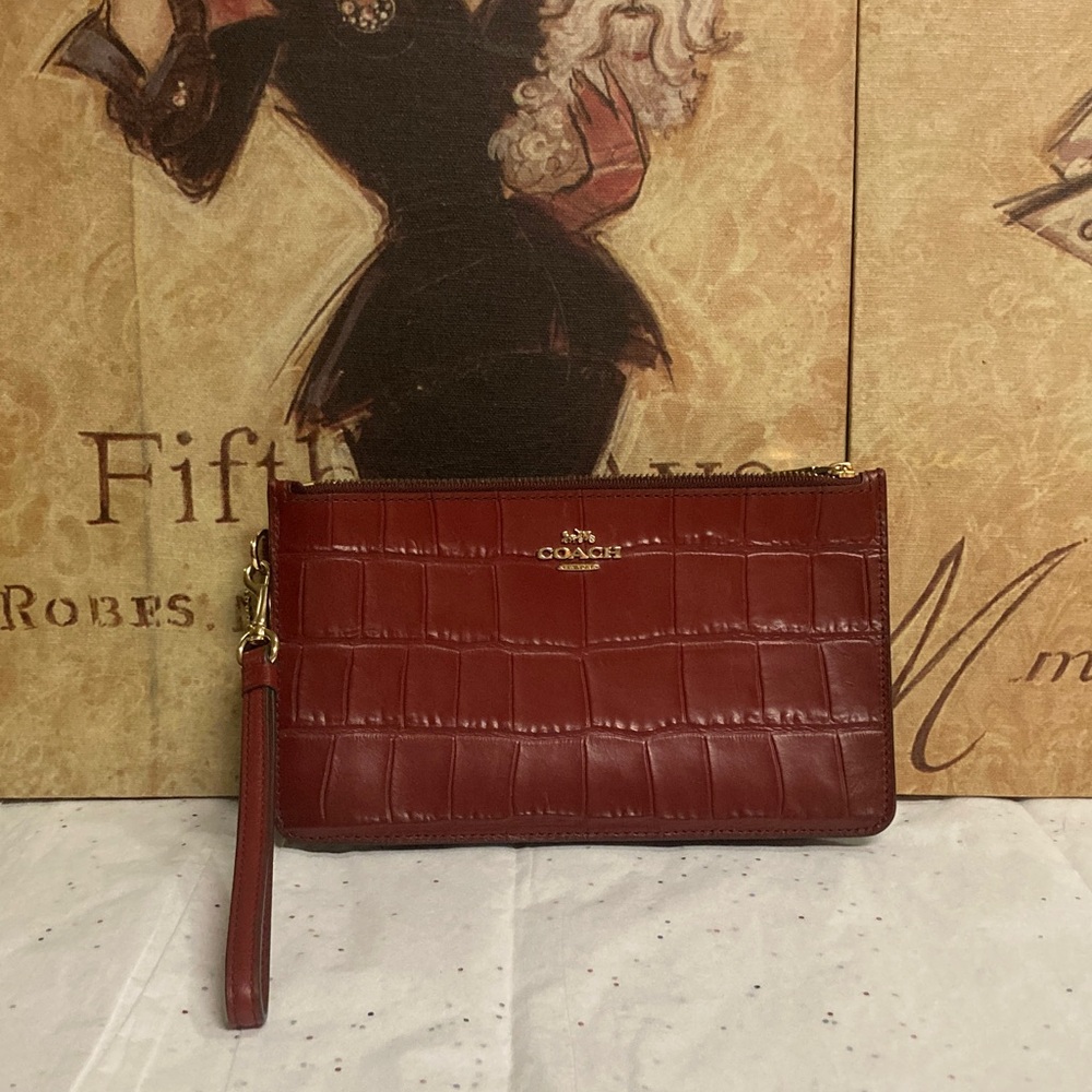 Coach Burgundy Croc-Embossed Wristlet